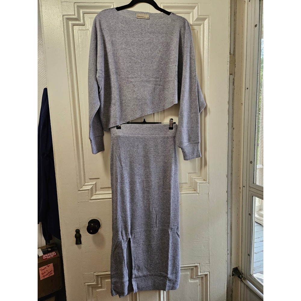 Zenana Women Heather Gray Ribbed Knit Two Piece Set Asymmetric Top Midi Skirt S